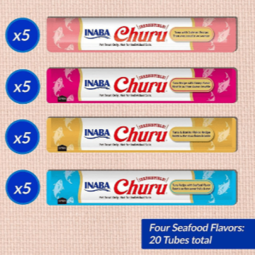 Inaba Churu Snack avec une variété de recettes de fruits de mer pour chats