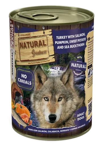 Natural Greatness Comida para c&atilde;o de Per&uacute; com salm&atilde;o, ab&oacute;bora, batata-doce e espinheiro mar&iacute;timo 